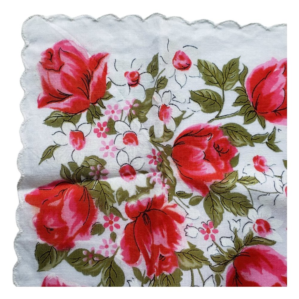 Vintage Ladies Handkerchief /Hankies Pink Red Scalloped Roses Butterflies - Picture 4 of 5